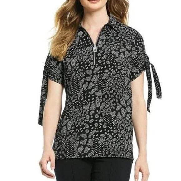 Michael Kors Blouse Sz S Paisley Print Grommet & Tie Sleeve Zip Front Top Black - Picture 1 of 12